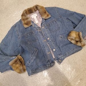 Fur trimmed cropped denim jacket